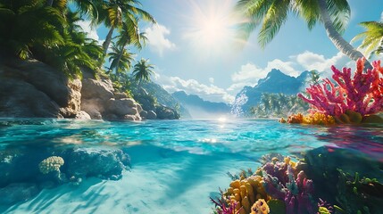 Picturesque beachscape with coral reefs and crystal clear water during sunset glow