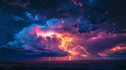 Dramatic lightning storm illuminates colorful night sky over open landscape