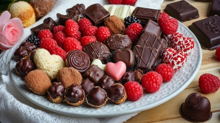 Assorted Chocolates and Raspberries on a Plate for an Elegant Dessert Display
