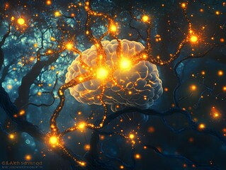 Illustrator of human brain , neurons firing each other ,  neural  plasticity , meta cognition