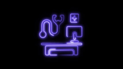 Glowing neon doctor office icon isolated on black background. HD Video motion graphic animation