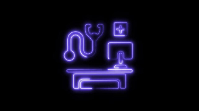Glowing neon doctor office icon isolated on black background. HD Video motion graphic animation