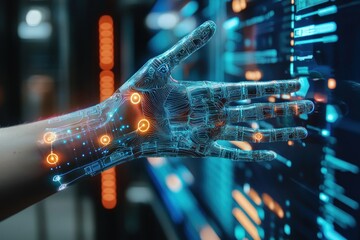 Robotic hand interacts with digital display in server room