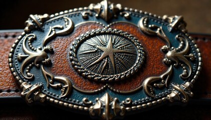 Obraz premium Distressed leather rodeo belt buckle with intricate metalwork, leather,