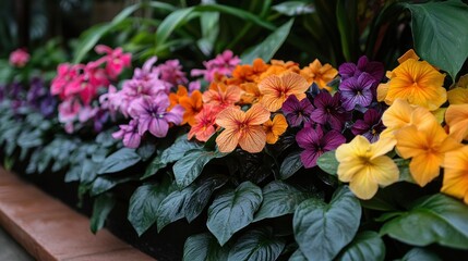 Vibrant display of blooming flowers in various colors, surrounded by lush green foliage in a garden