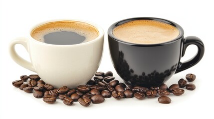 Fototapeta premium Freshly Brewed Coffee in White and Black Cups with Coffee Beans