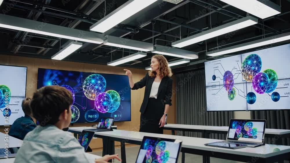 Poster engaging lecture on technology and data visualization in a modern classroom setting