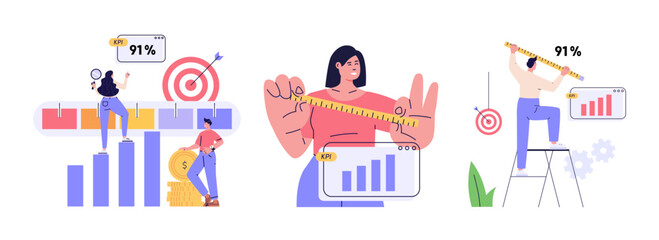 KPI illustration. Key Performance Indicator collection. Businessman measuring business result. Quality analysis and control. KPI measurement to evaluate success. Vector flat cartoon set