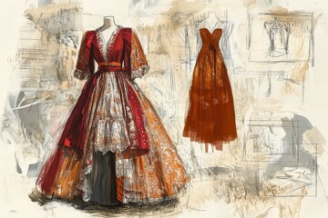 Fototapeta premium Fashion design sketches showcase elegant dresses with intricate details and vibrant colors for a modern collection