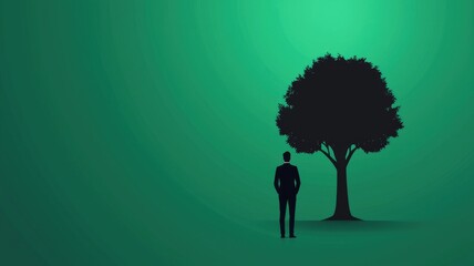 Leadership development vision goal-setting concept. Silhouette of a person standing beside a tree on a green background.
