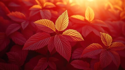 Fototapeta premium Autumn raspberry leaves, vibrant red, golden light, garden