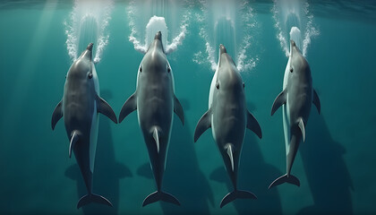 Naklejka premium Group of dolphins swimming together in clear blue water creating splashes