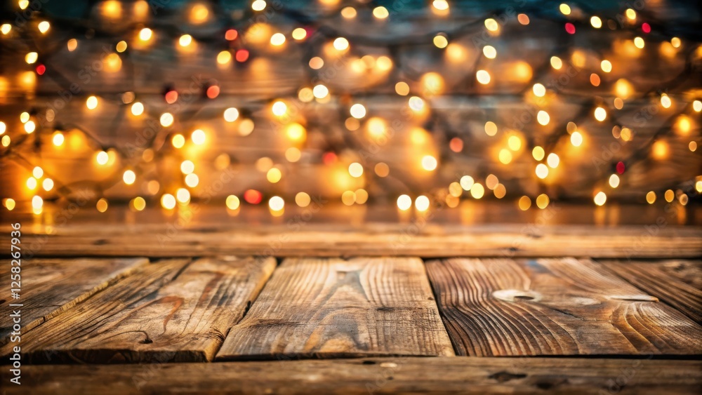 Aufkleber a rustic wooden tabletop illuminated by a bokeh of warm festive lights