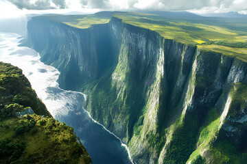 An aerial view showcasing the dramatic Cliffs of Moher on the South Island of New Zealand, with the rugged cliffs meeting the vibrant blue ocean