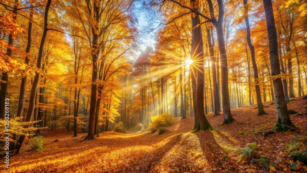 Poster golden rays of sunlight pierce through a dense autumn forest, illuminating the path and casting long