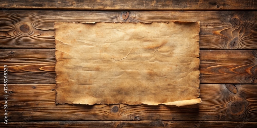 Aufkleber a rustic and vintage parchment paper with worn edges resting on a weathered wooden surface