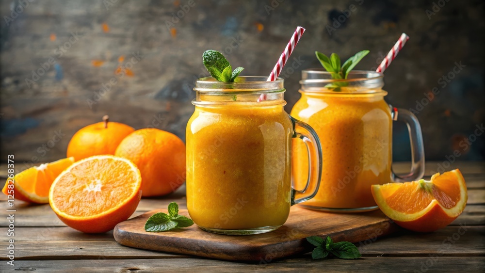 Poster refreshing orange smoothie in mason jars with fresh mint garnishes and slices of orange on a rustic 