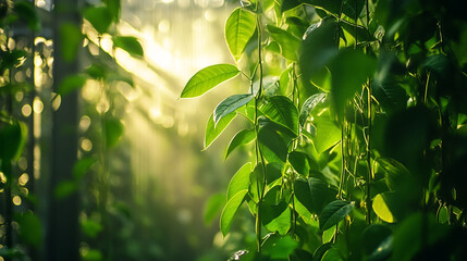 Fototapeta premium Sunlight filtering through lush green leaves in a serene greenhouse environment