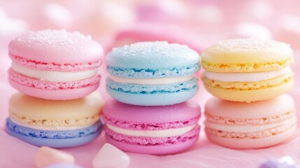 Obraz premium Pastel macarons, sweet treats, pink background, dessert closeup