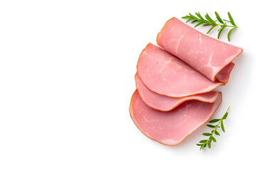 Top view sliced boiled ham isolated on white background