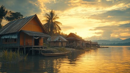 Fototapeta premium Sunset over riverside village, Southeast Asia, idyllic homes, calm waters, tourism