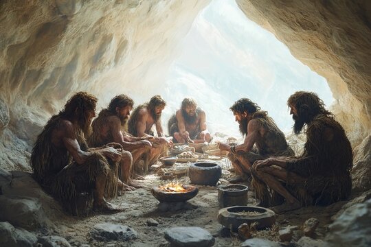 Prehistoric people gathered in a cave, crafting tools and sharing stories by firelight in a dimly lit environment