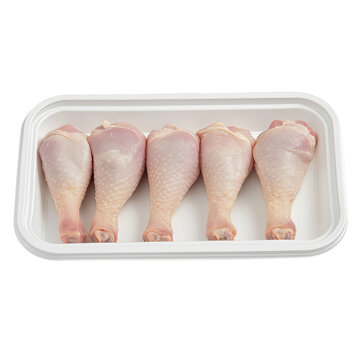 Chicken Drumsticks: Six fresh, raw chicken drumsticks neatly arranged in a white plastic tray, ready for cooking. A clean and simple image perfect for recipe websites or culinary blogs.