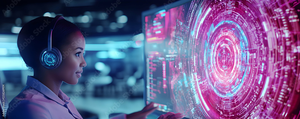 Wall mural woman using futuristic tech interface, exploring digital data streams with enthusiasm and focus.