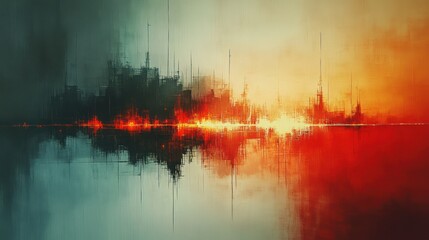 Burning cityscape reflected in dark water, apocalyptic sunset, digital art, game background