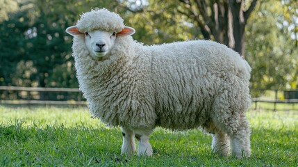 Fototapeta premium A fluffy white lamb standing in a green meadow.