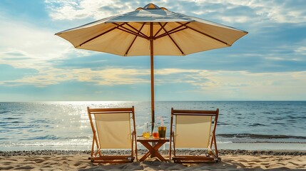 Two beach chairs under a large umbrella, facing the sea, with a small table holding refreshing drinks.