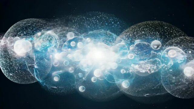 Animation depicting virtual particles traveling at the speed of light, visualized as an ethereal cascade of energy. The animation should incorporate atmospheric scattering and raytracing effects