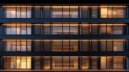 Modern building facade at night with illuminated windows.