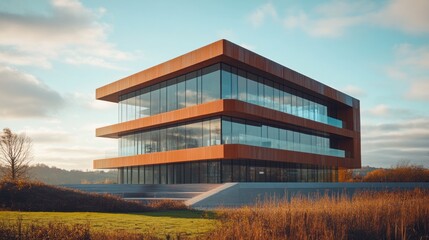 Modern glass office building, autumn landscape, sunset