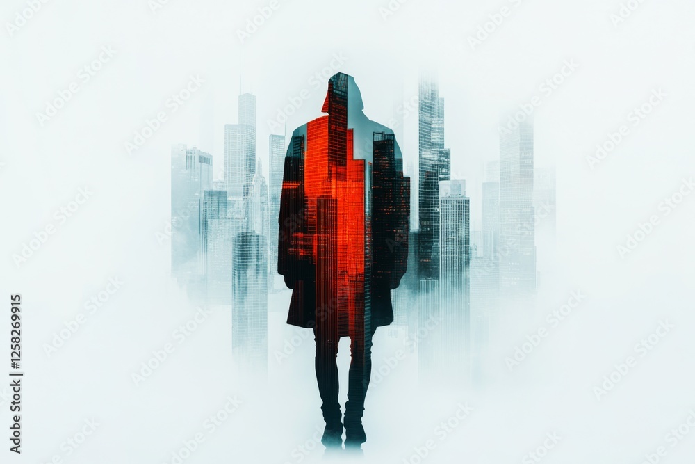 Poster a 3d-rendered floating city with futuristic skyscrapers forming a grand background behind a cybernet