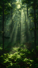 Obraz premium A breathtaking view of a dense forest with golden sunlight filtering through the tall trees, casting a magical glow on the vibrant green foliage and creating a serene atmosphere