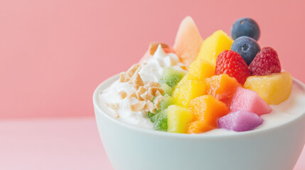 bowl of yogurt topped with colorful fresh fruits, nuts, and whipped cream, set against soft pink background, creating vibrant and appetizing presentation. Pride month health awareness concept