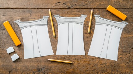 Handcrafted Patterns and Tools for Dressmaking on Wooden Surface