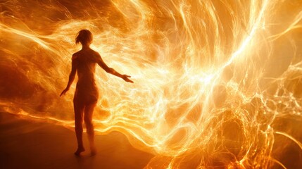Obraz premium Woman, fiery energy, studio, background swirls, spiritual art