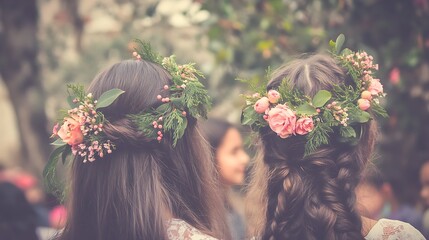 Naklejka premium Two Elegant Flower Crown Girls with Braided Hair in a Garden Setting Serene Moments Captured