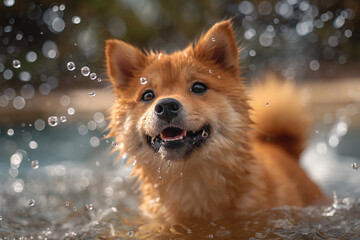 A happy Shiba Inu dog happily jumped into the pool. The dog's smile