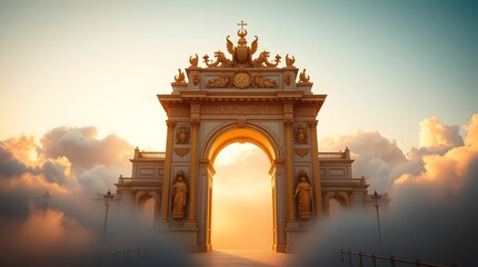 Fototapeta premium Grand Archway Rising Above Clouds with Golden Light and Statues