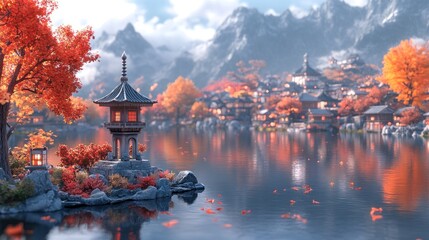 Obraz premium Autumnal Asian Village by Lakeside Pagoda
