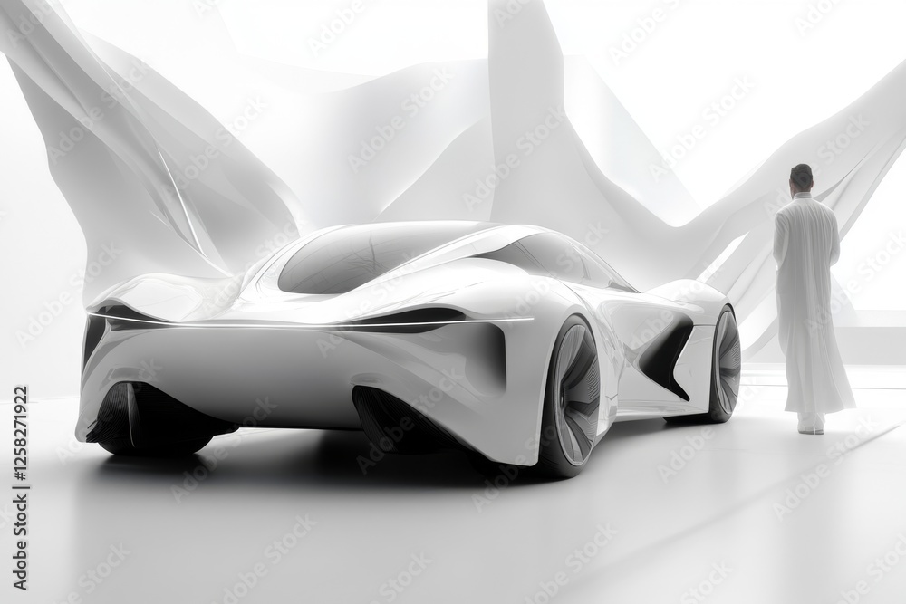 Poster a car designer working on a new prototype, with a futuristic auto lab background