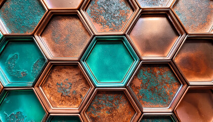 a series of hexagonal tiles made of rusted copper with verdigris patina focusing on the textures and the transition between blue green and warm copper