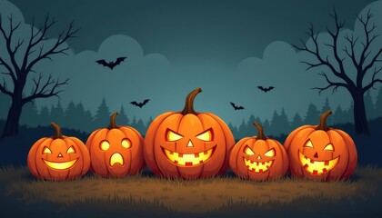 Spooky Halloween Night Scene with Carved Pumpkin Lanterns Display
