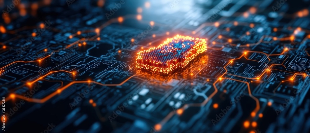Poster computer circuit board with glowing red heart symbolizing blockchain in supply chain management in c