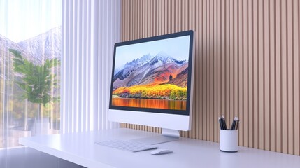 Fototapeta premium Modern workspace featuring a sleek computer setup with a vibrant mountain landscape background