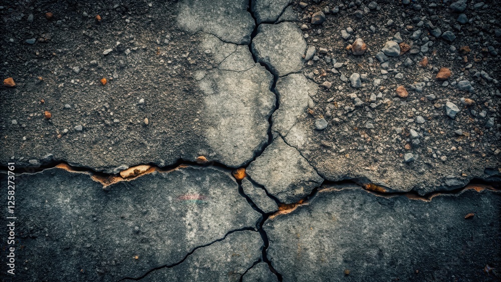 Leinwandbilder Cracked and weathered surface texture with intricate fracture patterns and embedded stones