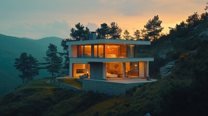 Modern hillside house sunset, mountain view, real estate